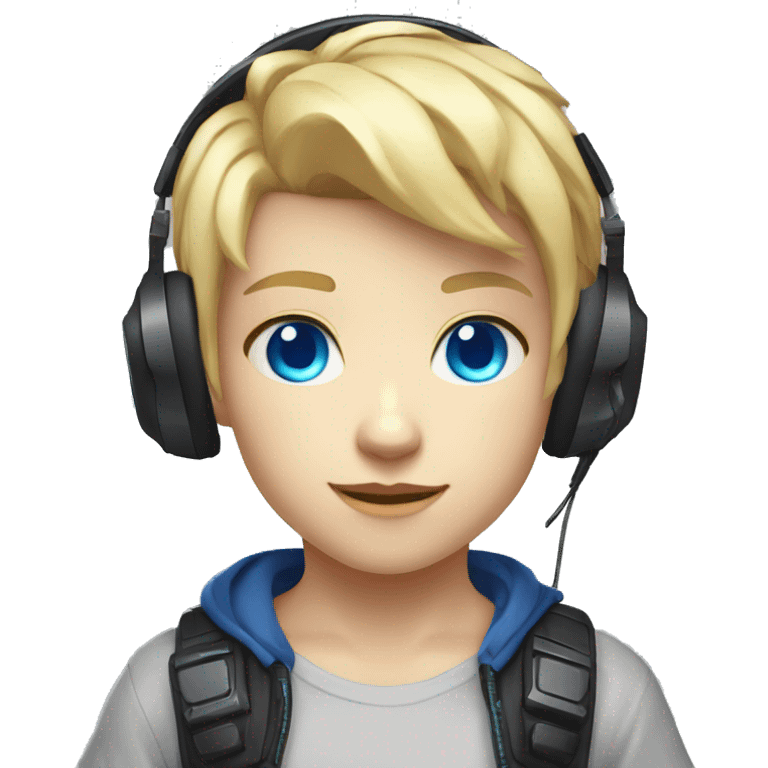 Blonde Short hair Gamer kid with blue eyes with headset and gamepad with neon Lighting emoji