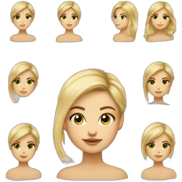 Fille blonde ,cheveux noirs lisses détaché vers l'arrière ,long jusque au millieu du dos et volumineux,teint noir, yeux verts visage un peu carré emoji