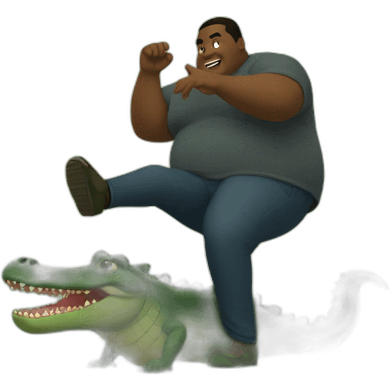 Fat black guy kicking an alligator in a swamp emoji