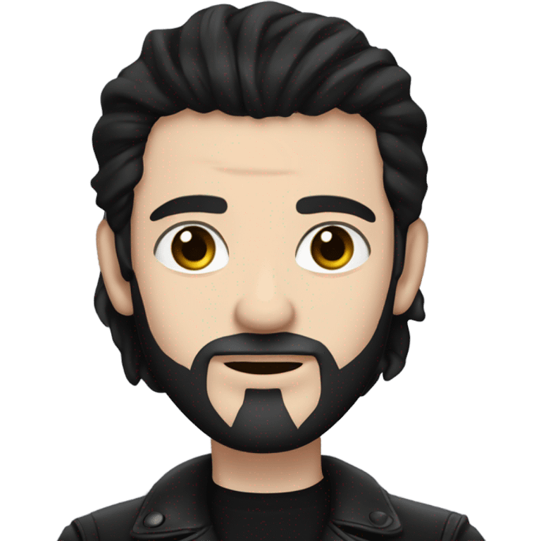  Man with pale skin, very long black hair, black goatee, square jawline, eyeliner, black leather jacket, black pants, black shirt and pentacle necklace emoji