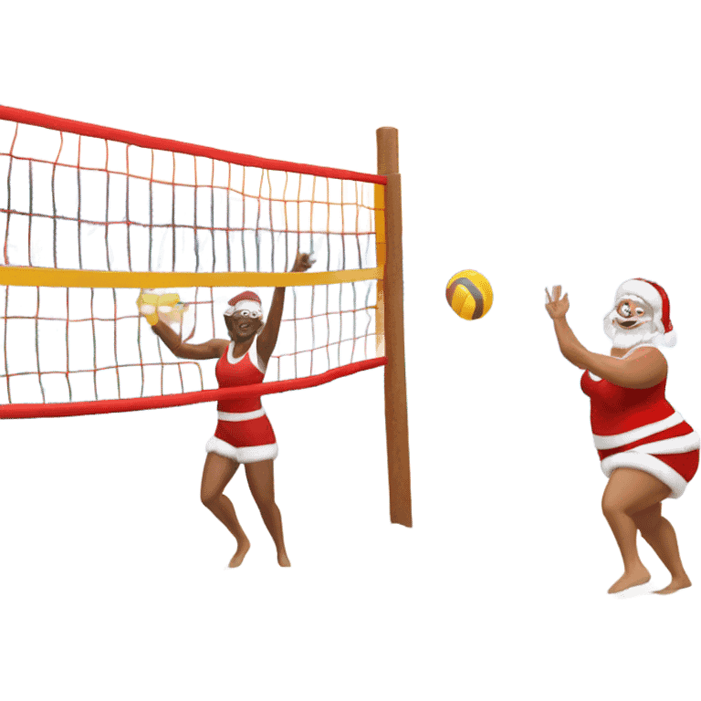 mrs claus playing beach volleyball in the north pole in the snow (should be wearing a christmas hat) in a volleyball court made from snow emoji