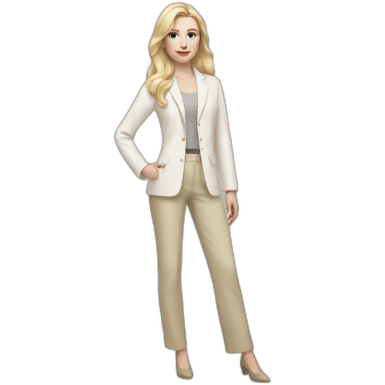 Full height pale skin woman with blonde Straightened Hair to shoulders, White classical jacket, beige Arrow pants holding a color palette in the hands emoji