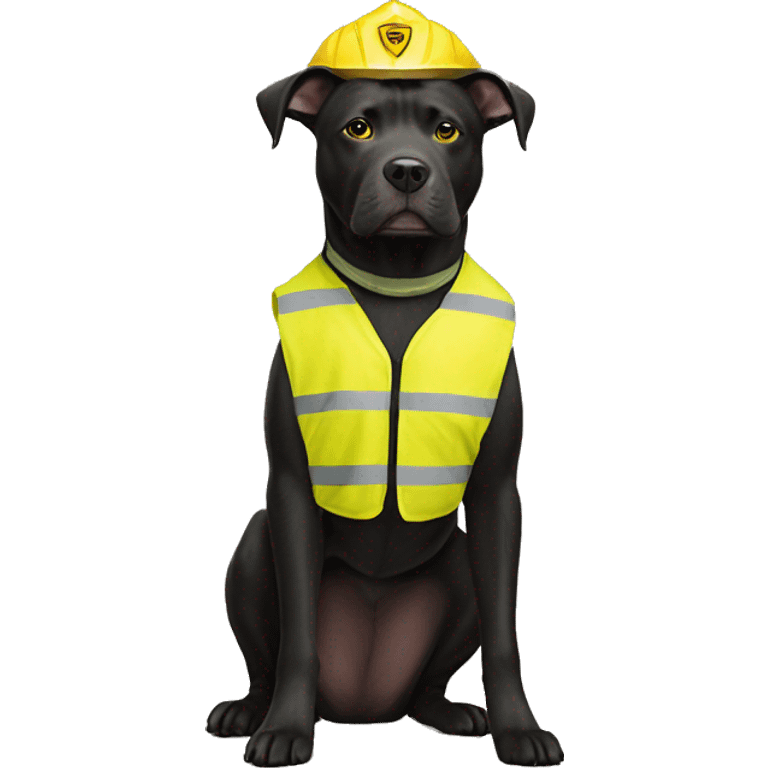 Black pitbull lab mix with a yellow crossing guard vest  emoji