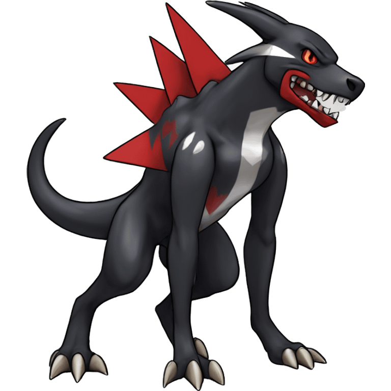 Black Cool Edgy Nargacuga-Houndoom-Garchomp Fakémon Digimon with Red and white Edgy markings, full body, outlined, sharp line Art emoji