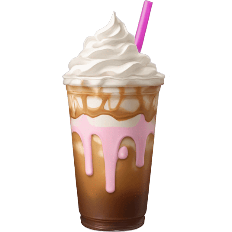 Caramel iced coffee with whipped cream and caramel drizzle with light pink straw emoji