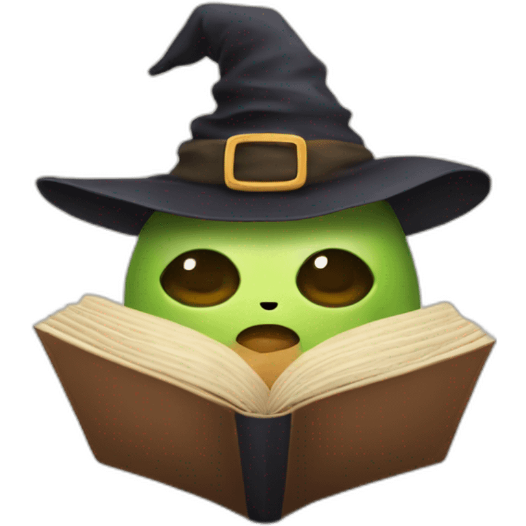 Tofu and avocado reading a book with a witch hat emoji