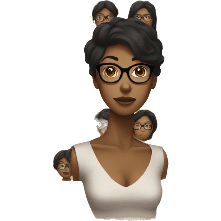 black woman, black hair, glasses and small jaw.  emoji