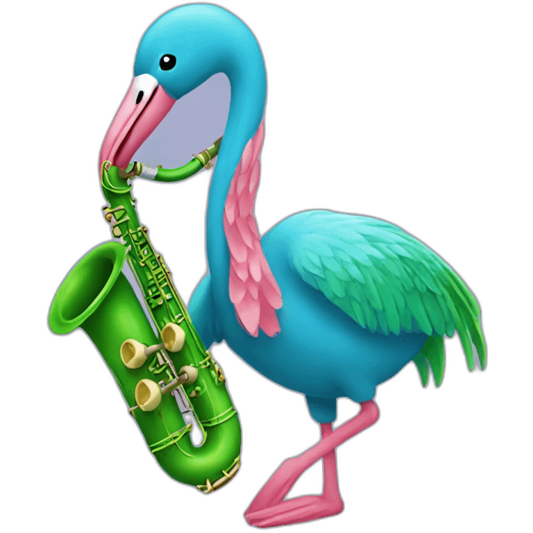 A blue flamingo playing with an green saxophone  emoji