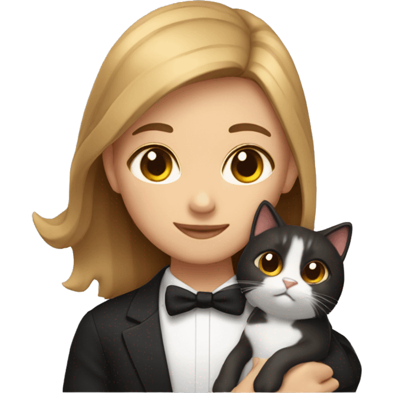 girl with light brown hair & brown eyes hugging tuxedo cat emoji emoji