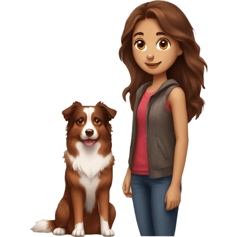 A girl with long brown hair and a Red Australian Shepherd  emoji