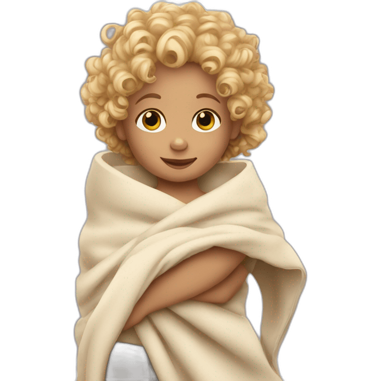 Curly haired blonde toddler holding blanket emoji