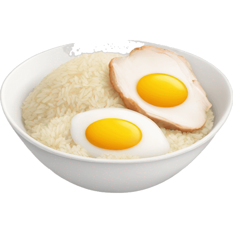 a bowl of rice with two eggs and chicken thigh upright emoji