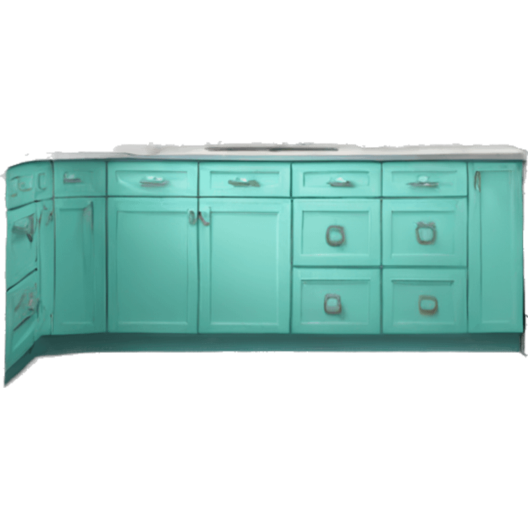 Realistic front facing tiffany blue kitchen counter and cabinet. emoji