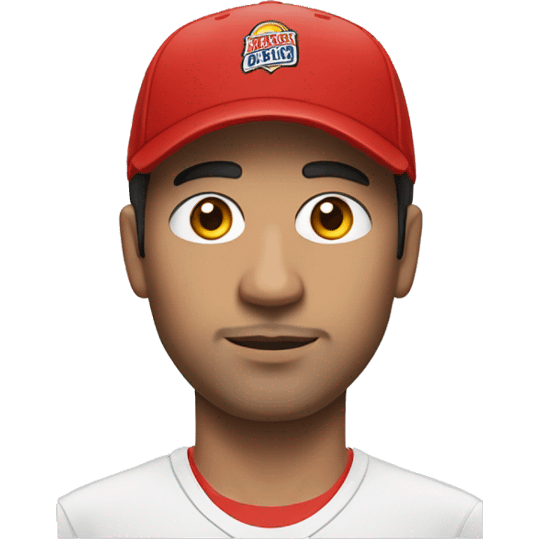 Man, male, young from about 30 to 40 years old, of Latin descent, black eye colour, with a sports t-shirt composed of red and white sticks vertically and a red cap emoji