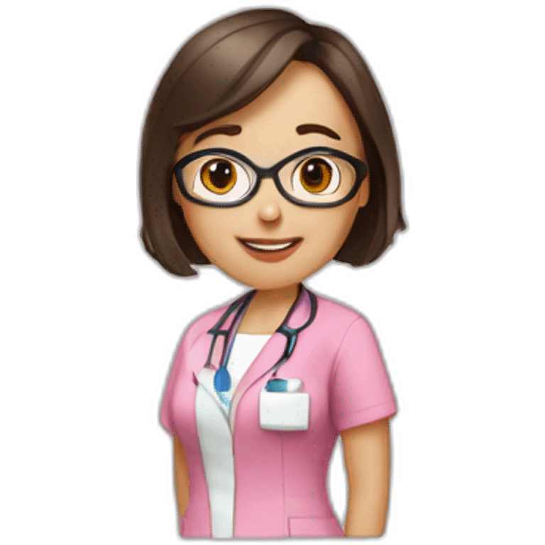 A single smart female nurse with uniform with golden round glasses with short bob dark brown hair with beautiful smile and pinky lip emoji