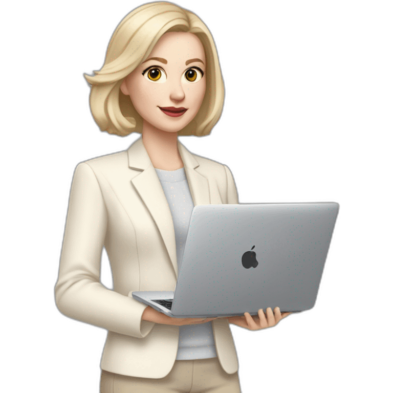 pale skin woman with ash blonde Straightened bob Hair, White Spacious classical jacket, beige palazzo Arrow pants and gray blouse holding a MacBook in the hands emoji