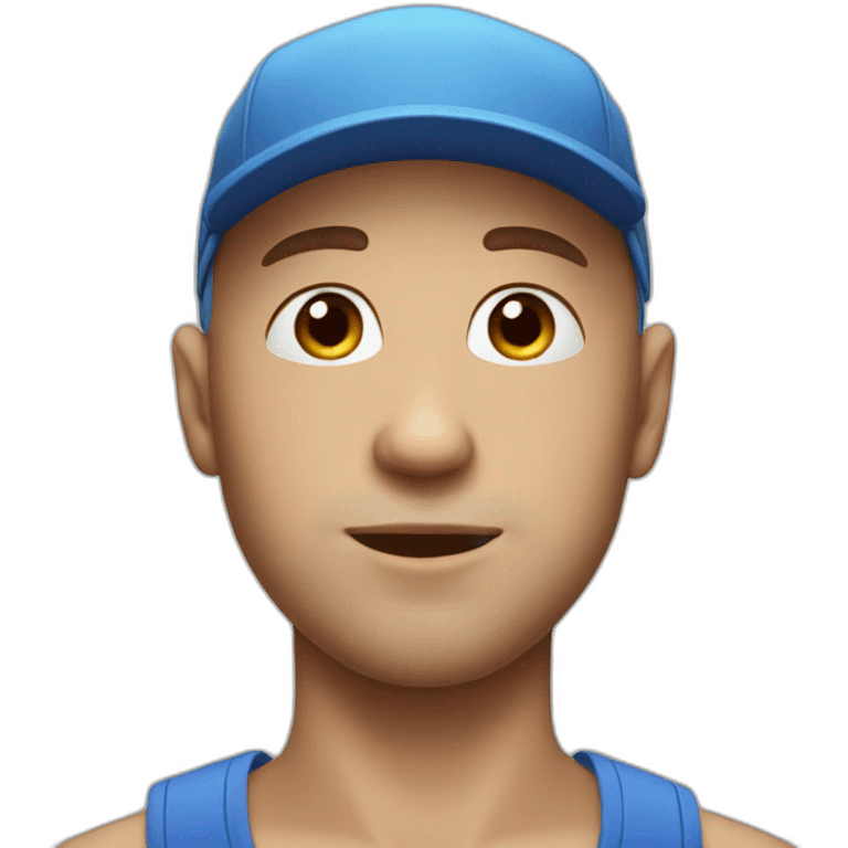 a bald man with blue eyes and a cap, kisses emoji