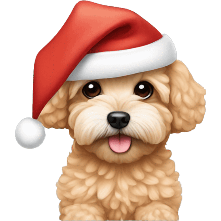 Apricot coloured Maltipoo with a Santa hat emoji