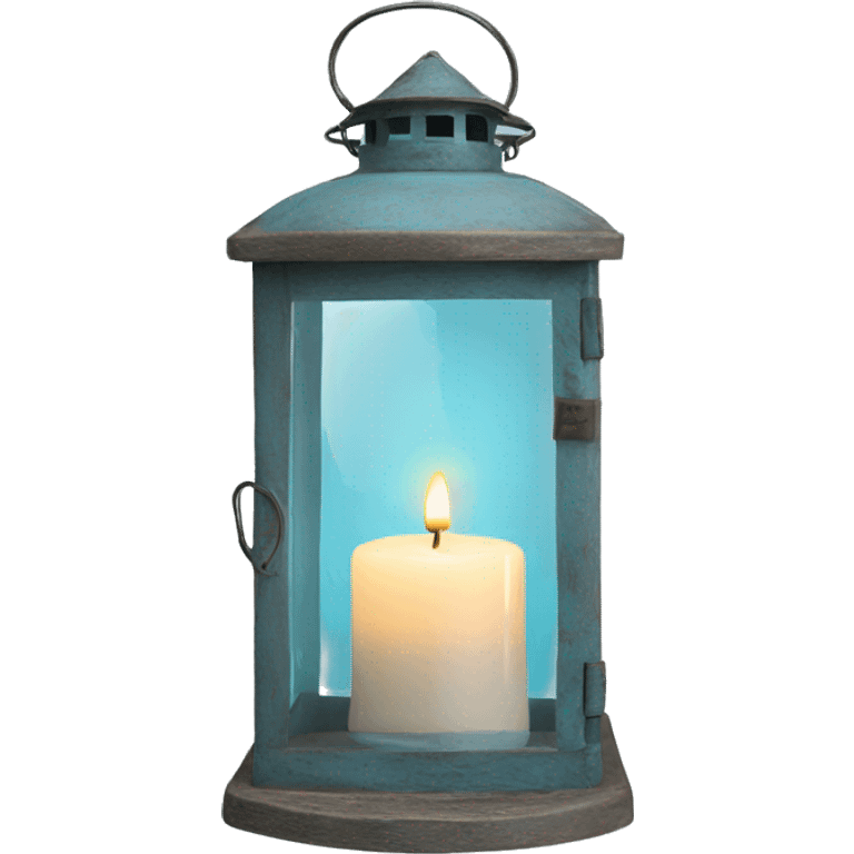 Realistic Single HD light blue rustic lantern with glass and lit candle inside. emoji