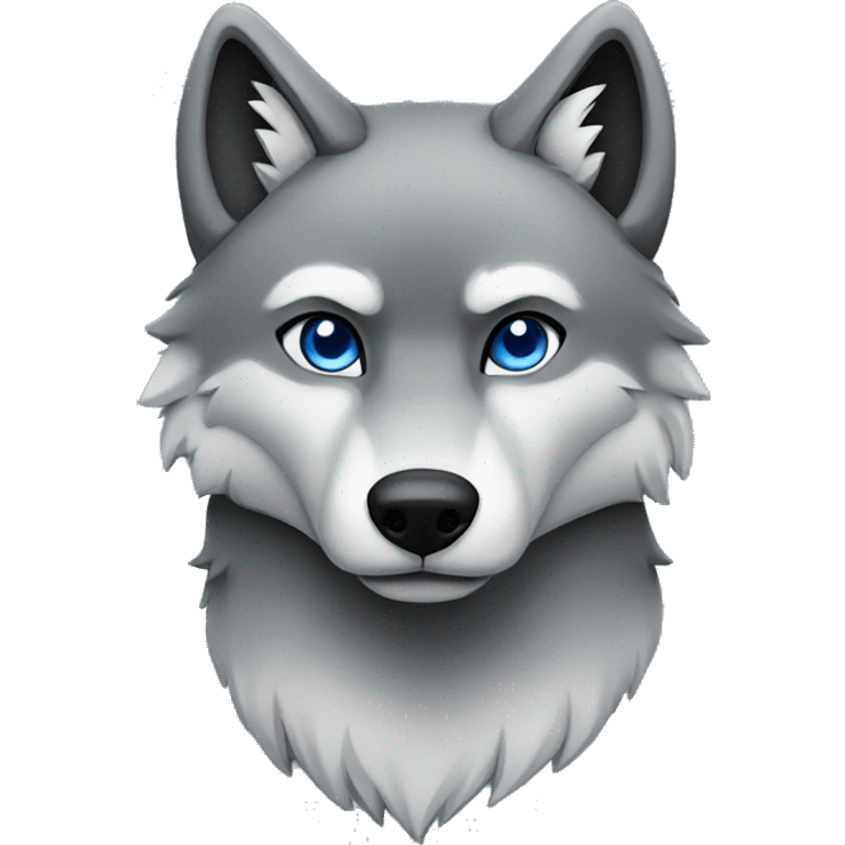 Full-body Grey wolf with black paws, black muzzle, black tail. with blue eyes. full body emoji