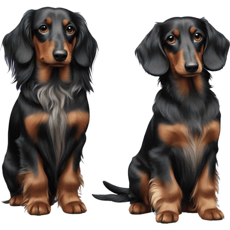 Two Tri Black Merle long haired Dachshunds together emoji