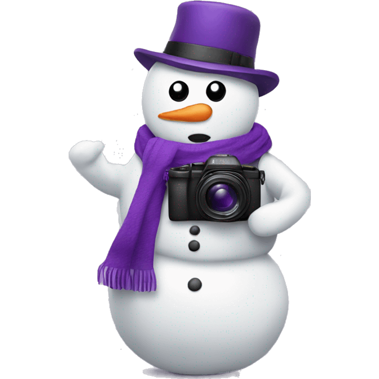 snowman holding a camera with a purple hat emoji