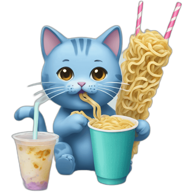 blueish cat eating noodles next to bubble tea emoji