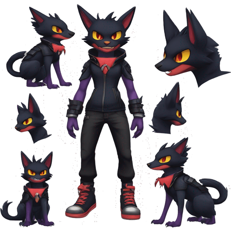 Black Anthro Cool Punk Noibat-Litten-Fakemon-fursona with fangs and edgy markings spiked collar Full Body emoji