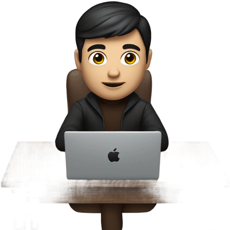     memoji of a man with a laptop in front, apple-style,modern,dark hair,dark brown sweater,computer in hand,sitting on his desk emoji