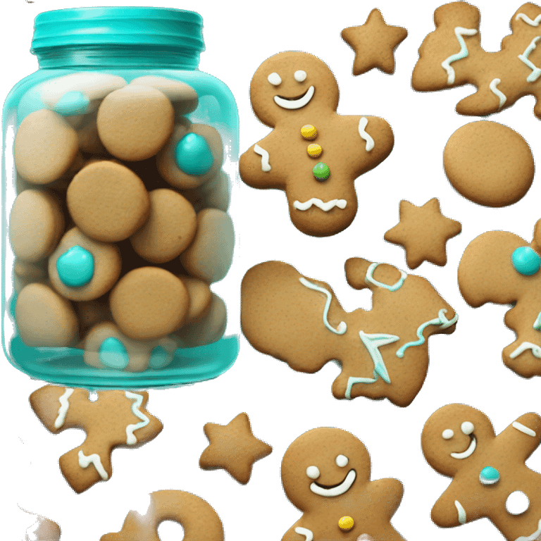 Realistic glass cookie jar with turquoise lid full of gingerbread cookies isolated.  emoji