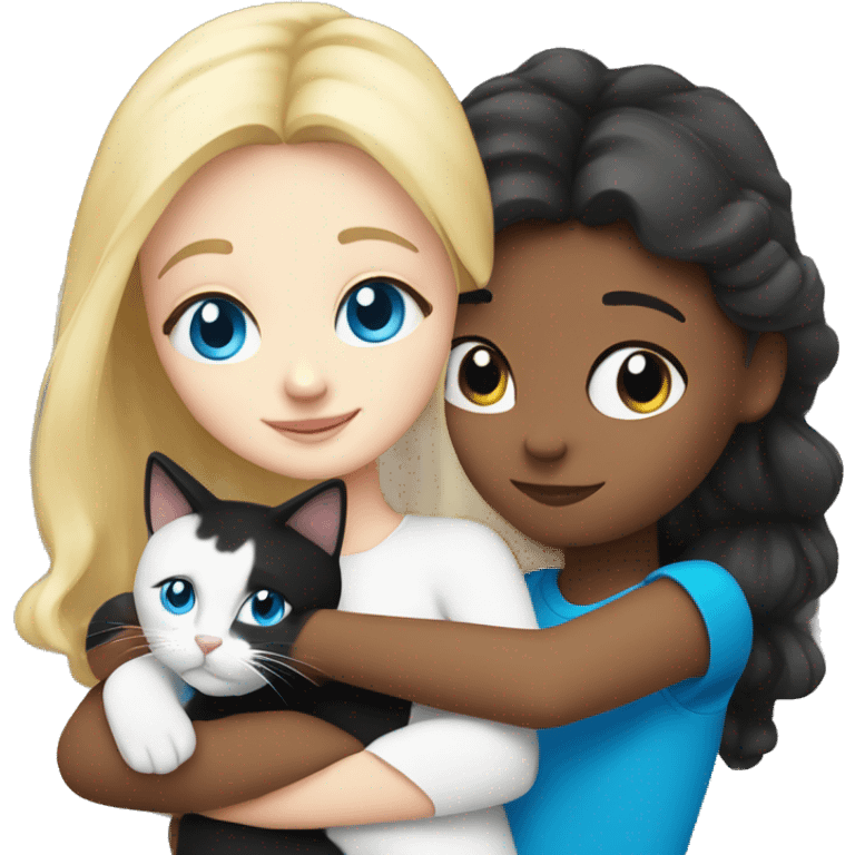 Blonde girl blue eyes hugging black and white cat emoji