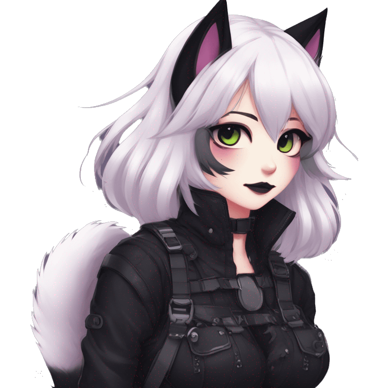 Gorgeous furry gothic dark techwear anime style anthro black cat furry sona with blushing face aesthetic and pretty edgy black with collar and harness trending style emoji