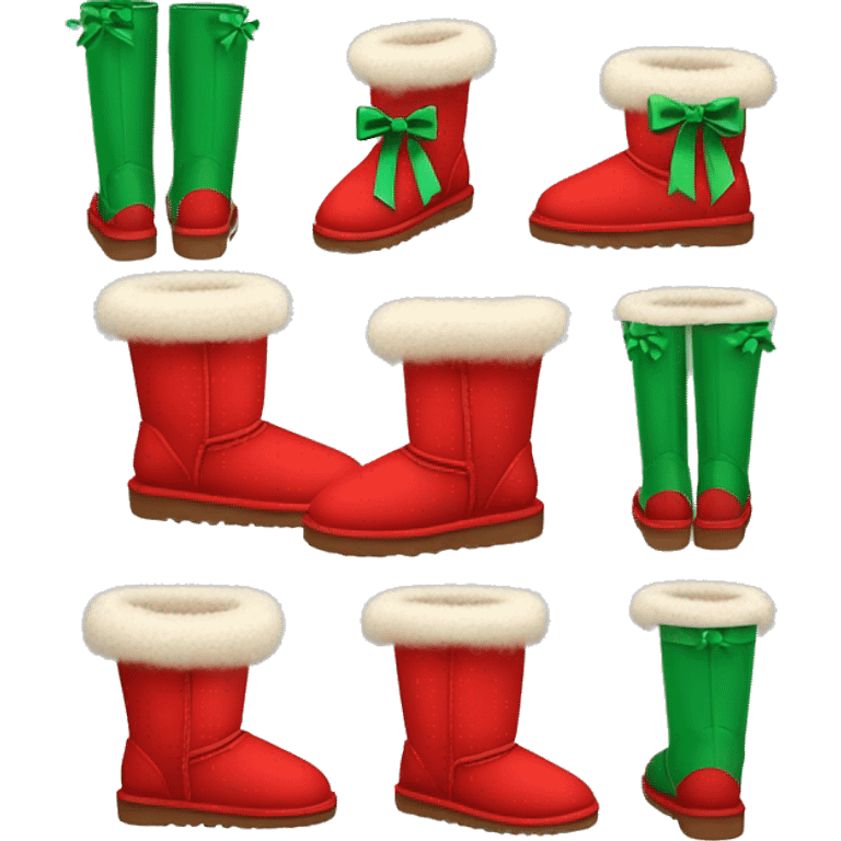 Realistic red Ugg fur boots with gree ribbon bows isolated.  emoji