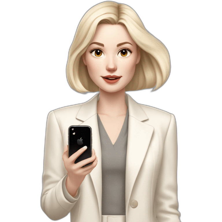 pale skin woman with ash blonde Straightened bob Hair, White Spacious classical jacket, beige palazzo Arrow pants and gray blouse holding white IPhone 14 pro in the hands emoji