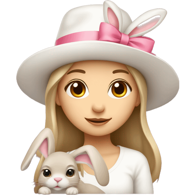 girl in a white hat with a hare in her arms with a pink bow emoji