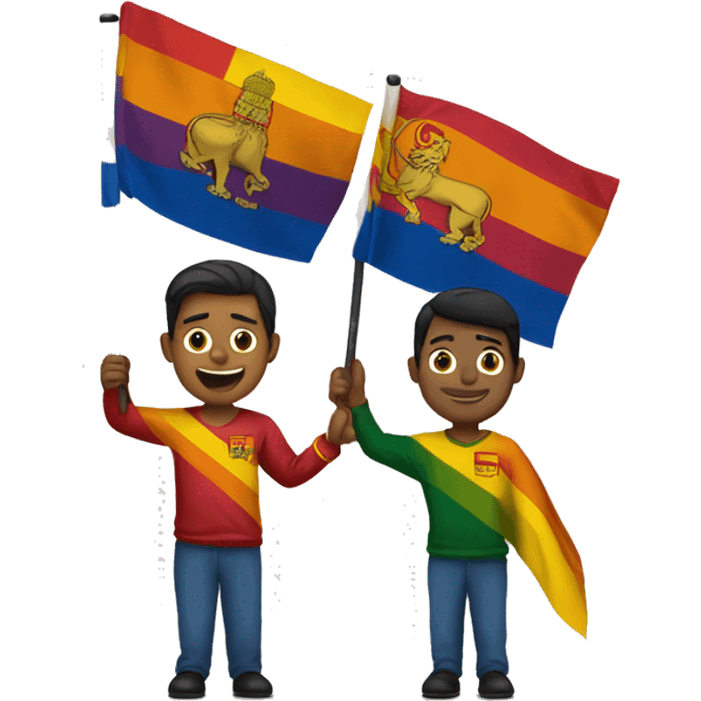 Sri Lankan man holding Sri Lankan flag in one hand and a pride flag in the other hand emoji