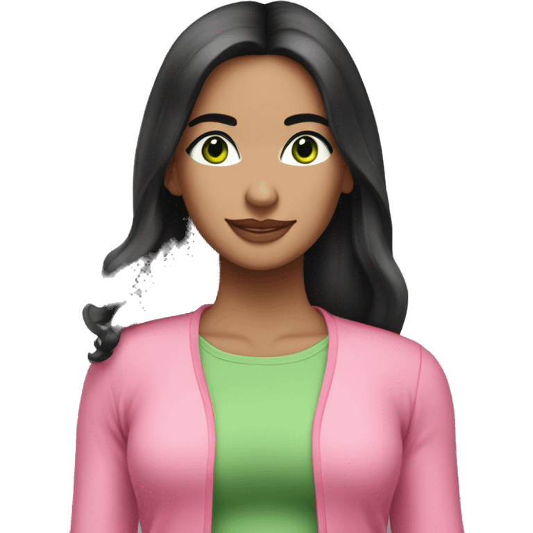 Pretty woman long black hair green eyes wearing pink clothing pilates workout emoji