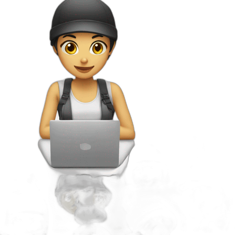 girl with short black bob and a cap, behind a laptop emoji