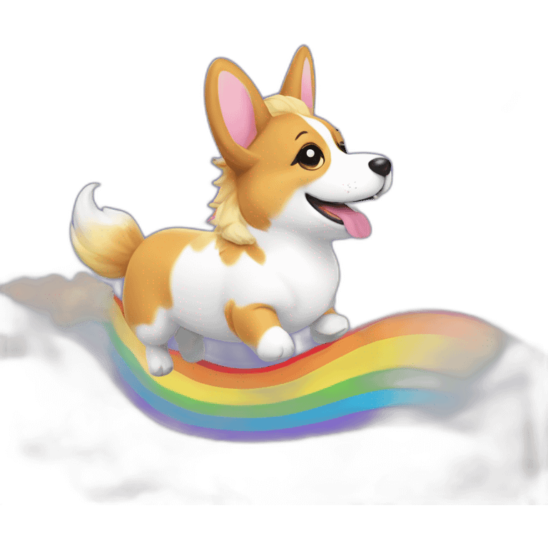 Corgi riding unicorn over a rainbow emoji