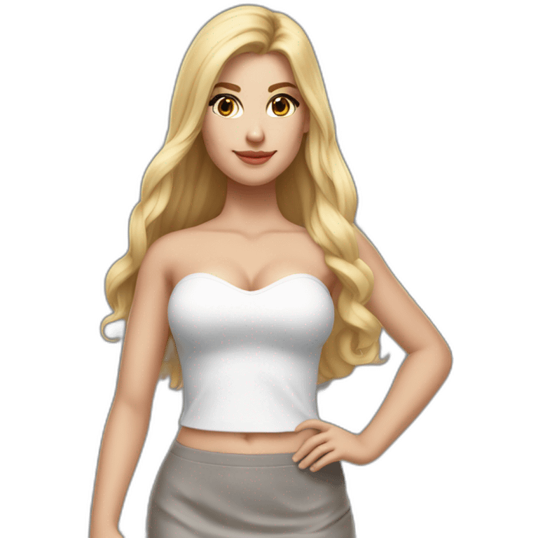 hyperrealistic caucasian long blonde hair brown perfect eyes woman white v-neck strapless top gray tight mini skirt walking towards camera emoji