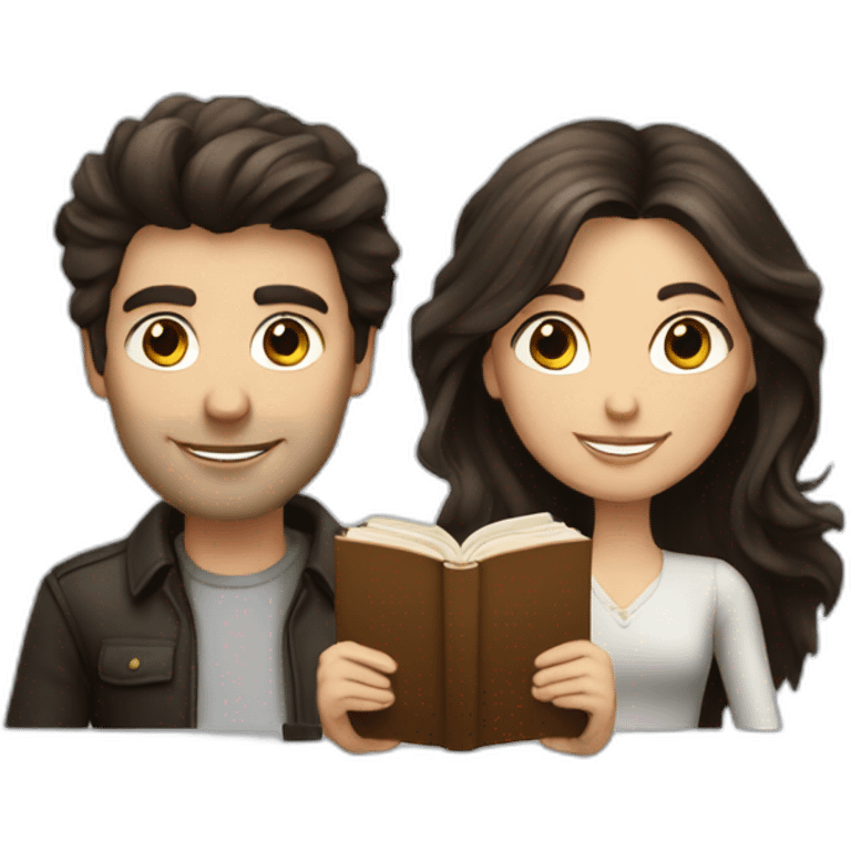 a brunette guy and long dark hair lady with a book emoji