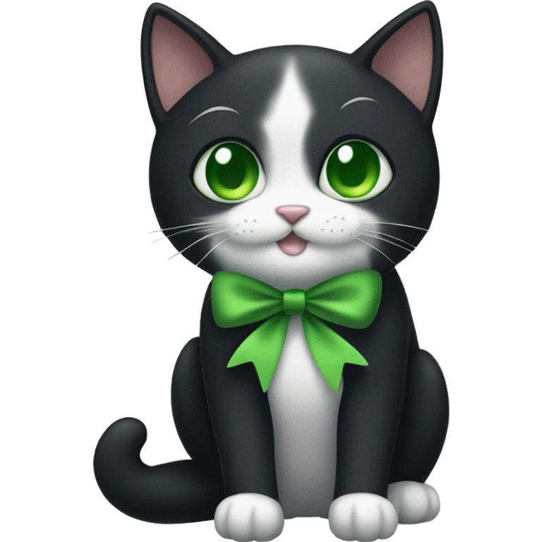 Black cat with little white bows and green eyes emoji