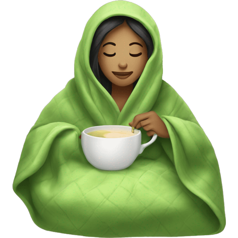 Woman drinking matcha in cozy blanket  emoji