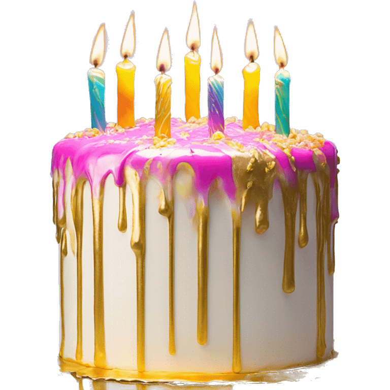 Extravagant iridescent drizzle and gold drizzle birthday cake glowing candles emoji