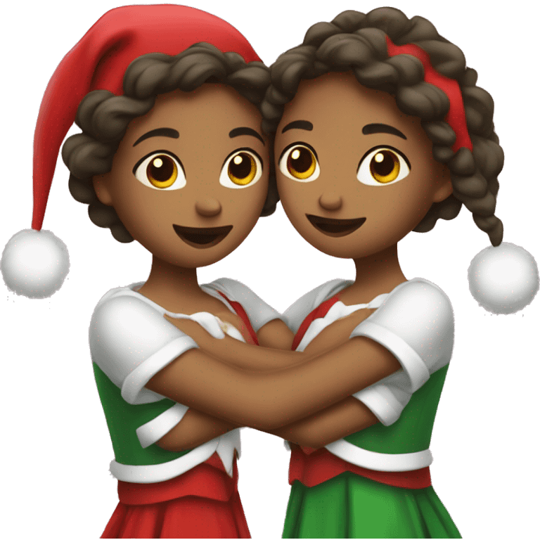 Two girls dressed like christmas huging  emoji