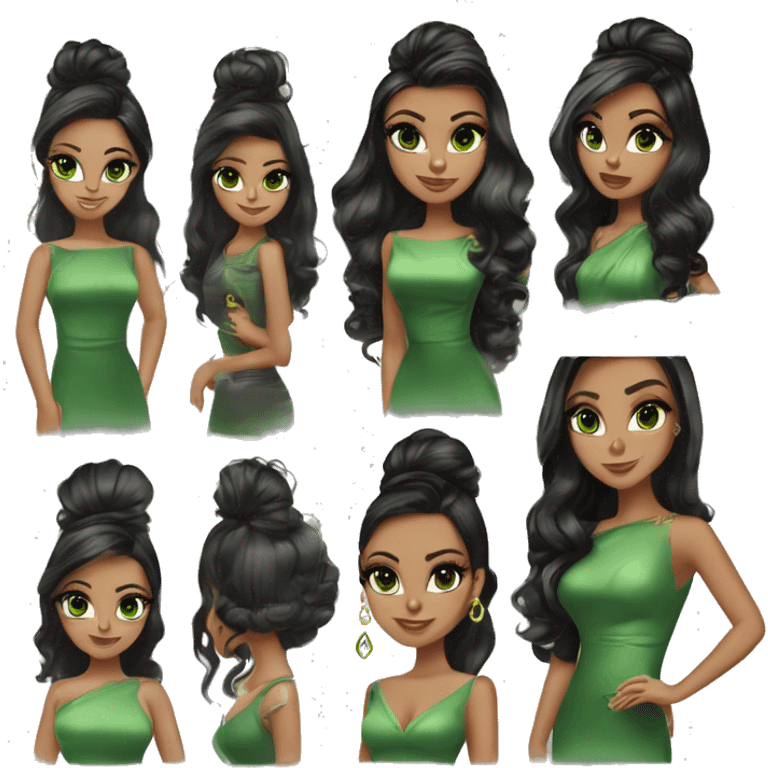 Glamorous, club, cocktail dress, black balayage hair, half up half down hair, olive skin, green almond eyes, winged eyeliner with big lashes emoji