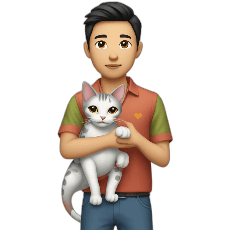 Young Asian man in Cuban-collared shirt holding a Dragon Li cat in his arms emoji