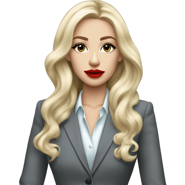 Russian Blonde long hair with big red lips small nose and black eyes Tiffany diamond seller in a grey suit emoji