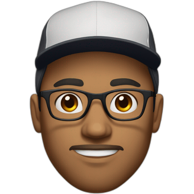 Young man, with brown hair and brown beard, thick eyebrows and black sight glasses. Big nose. Half closed brown eyes. Wearing a Nike cap emoji