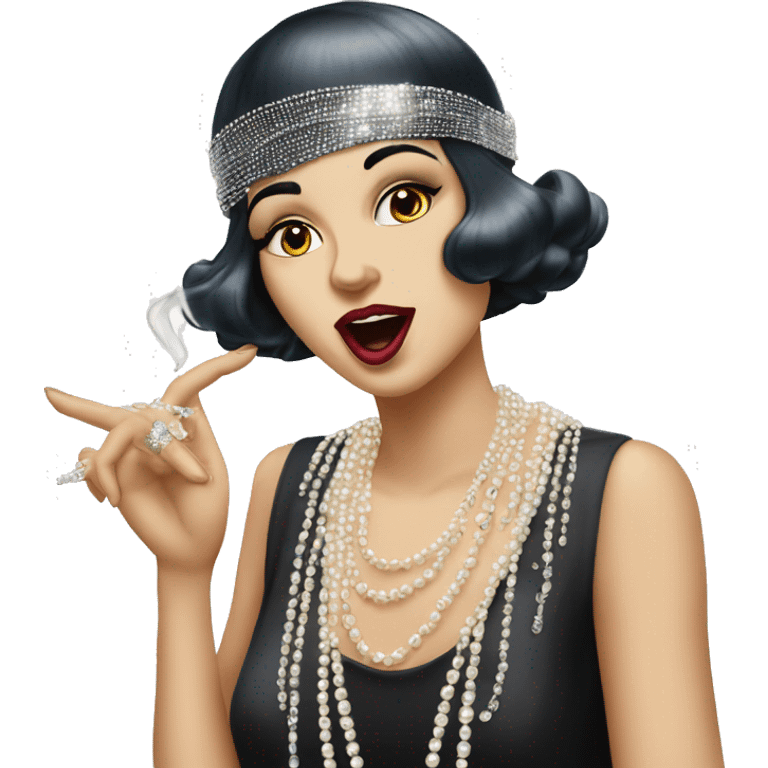 A roaring ’20s flapper emoji blowing kisses with pearl necklaces emoji